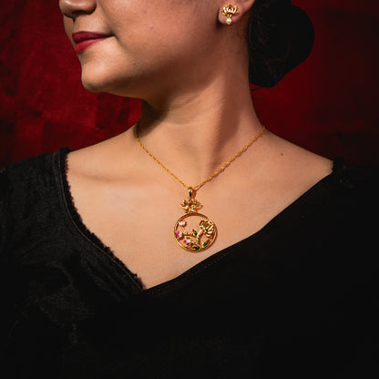 24K Gold-Plated Lotus Bloom Pendant Set with Earrings