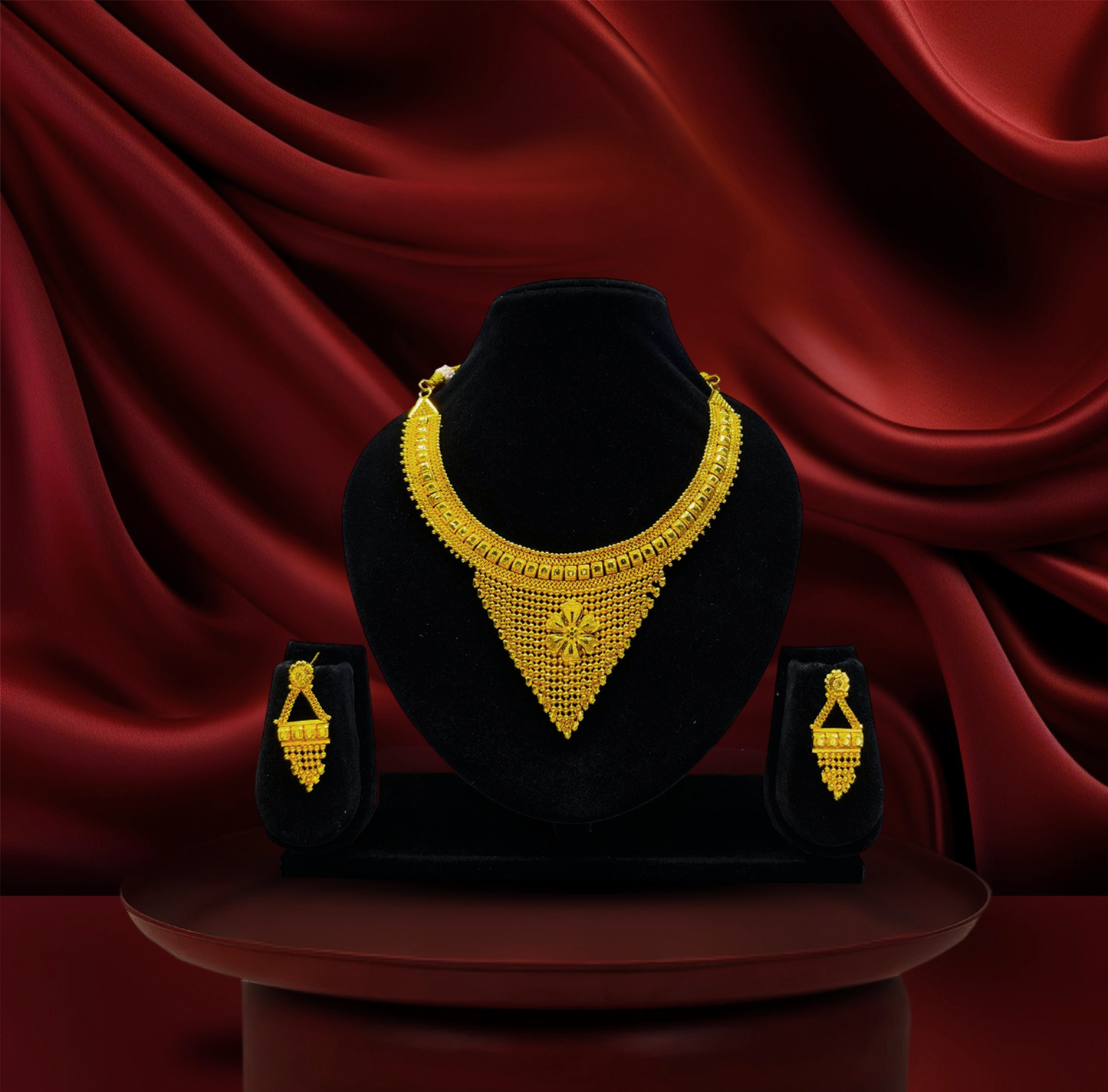 24K Gold-Plated -Traditional Bridal Triangle Pendant Necklace Set with Designer Earrings