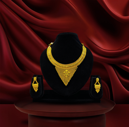 24K Gold-Plated -Traditional Bridal Triangle Pendant Necklace Set with Designer Earrings