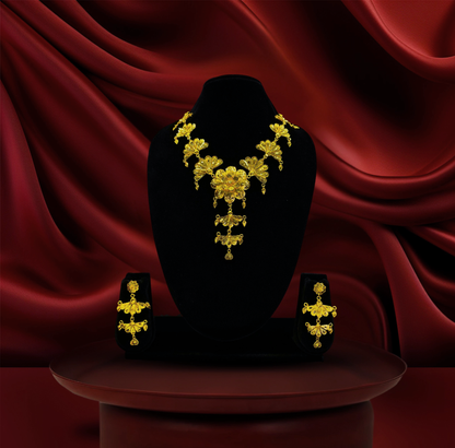 24K Gold-Plated - Royal Floral Bridal Necklace Set with Statement Earrings