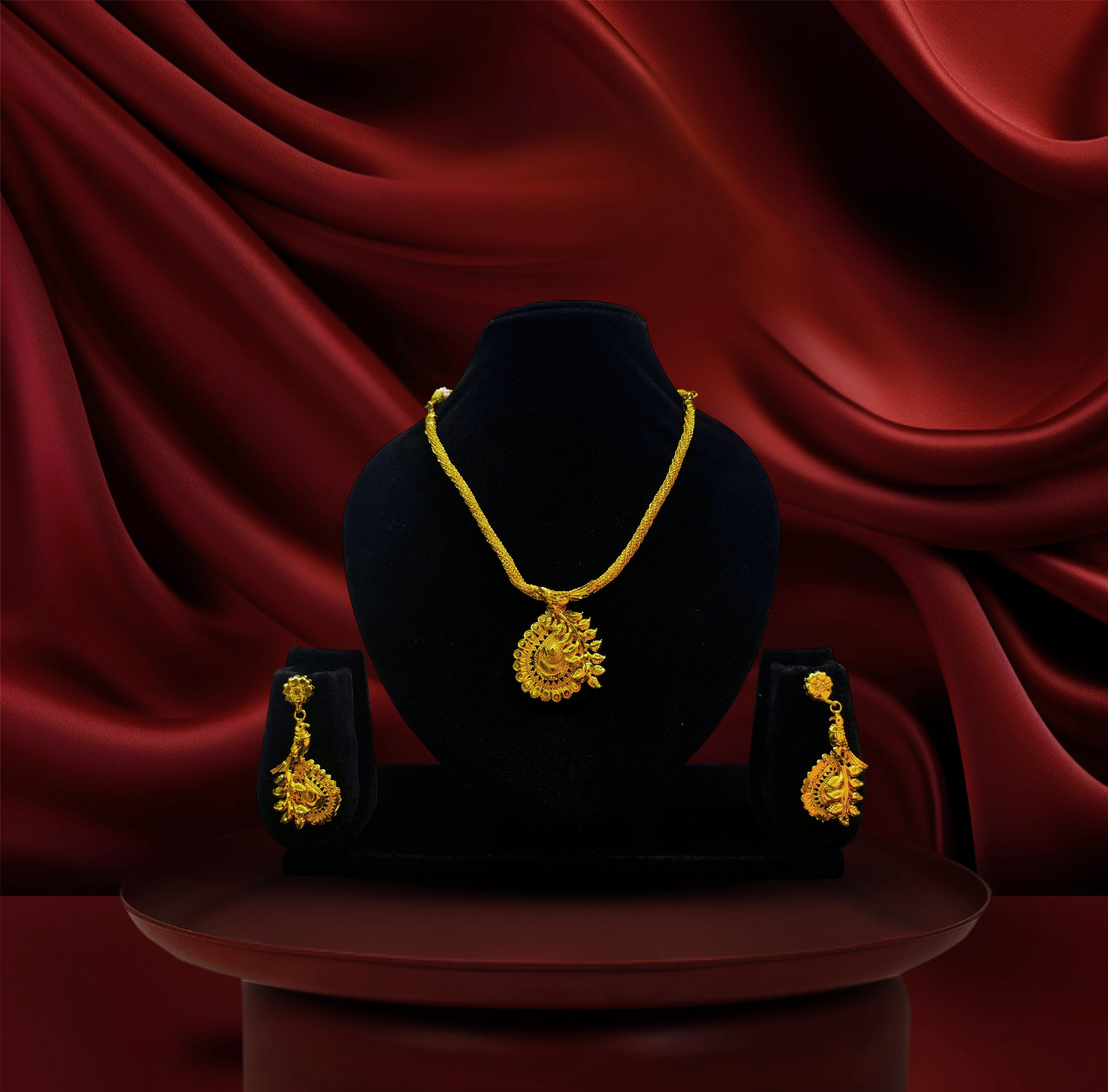24K Gold-Plated - Peacock Bird Motif Pendant Necklace Set with Matching Earrings