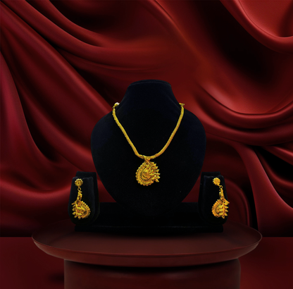24K Gold-Plated - Peacock Bird Motif Pendant Necklace Set with Matching Earrings