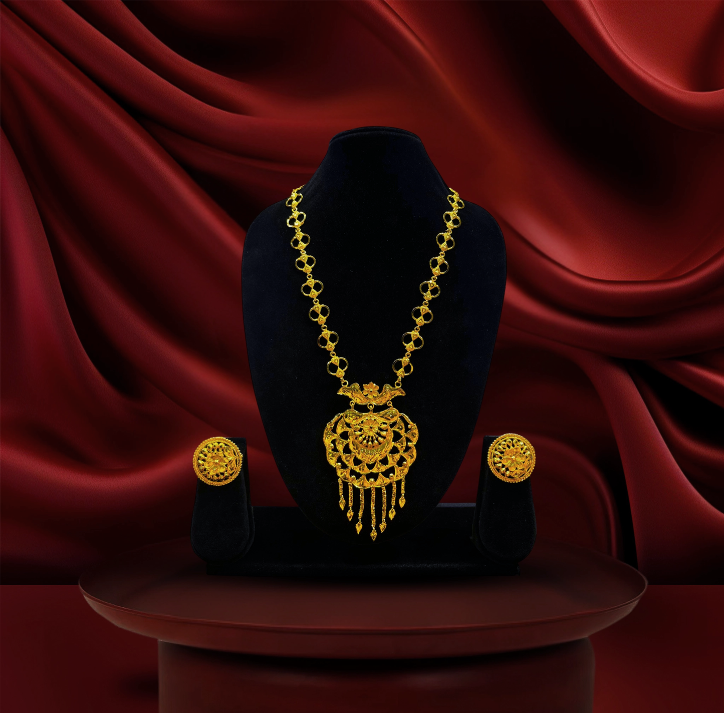 24K Gold-Plated - Antique Floral Long Pendant Necklace Set with Matching Stud Earring