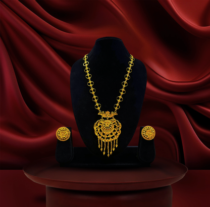 24K Gold-Plated - Antique Floral Long Pendant Necklace Set with Matching Stud Earring