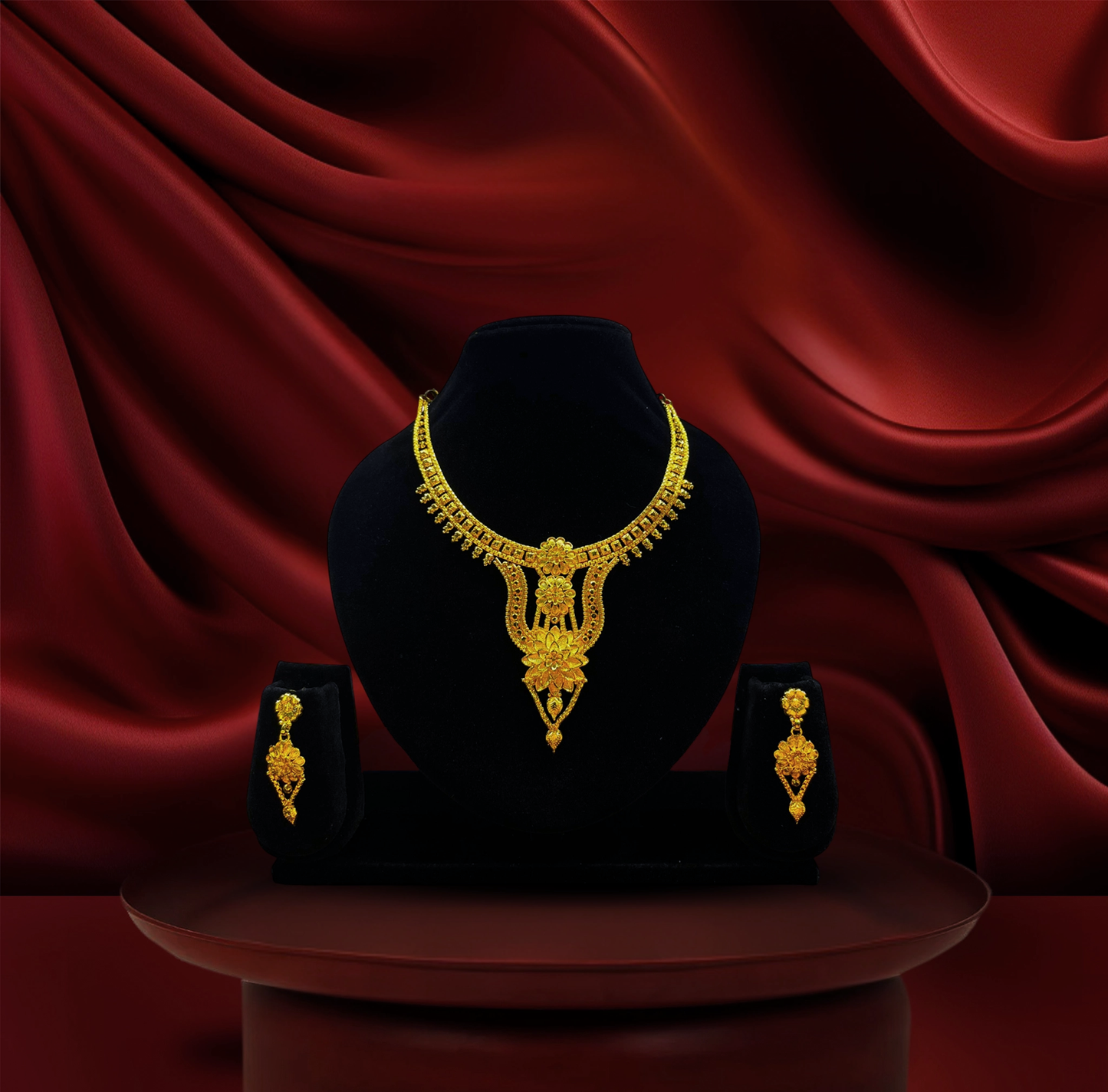 24K Gold-Plated - Traditional Drop Pendant Necklace Set with Intricate Handcrafted Detailing & Matching Earrings
