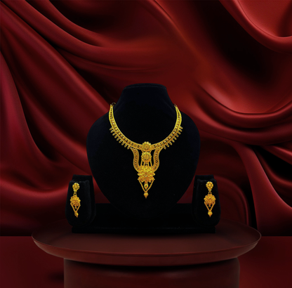 24K Gold-Plated - Traditional Drop Pendant Necklace Set with Intricate Handcrafted Detailing & Matching Earrings