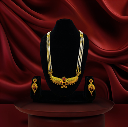 24K Gold-Plated - Pearl Long Necklace Set with Royal Antique Finish Fish Motif Pendant & Matching Earrings