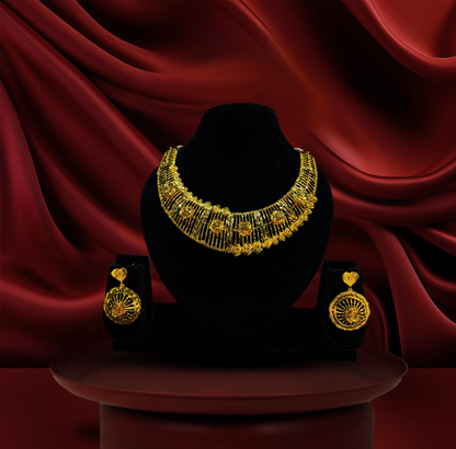 24K Gold-Plated - Royal Choker Necklace Set with Intricate Lattice Detailing & Matching Statement Earrings