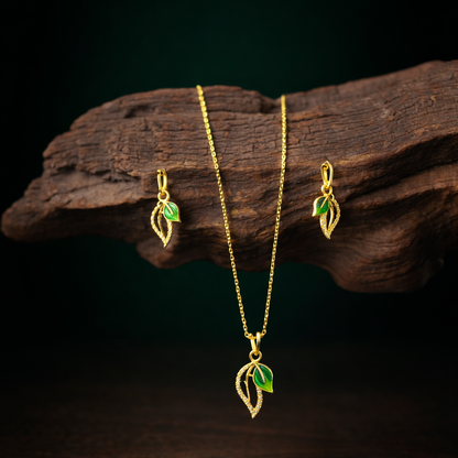 24K Gold-Plated - Premium Green Leaf Gold Chain & Earring Combo