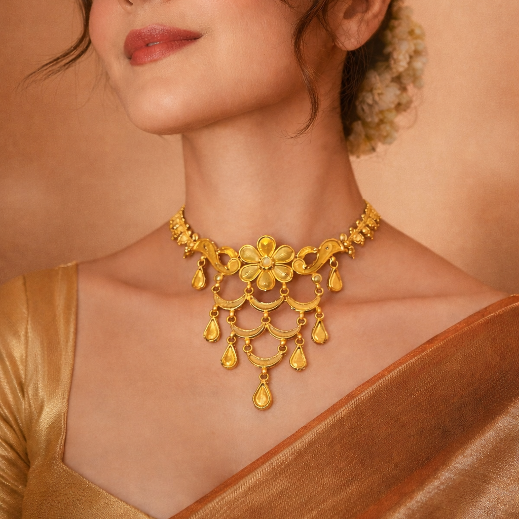 Woman wearing a gold necklace and saree against a warm-toned background
