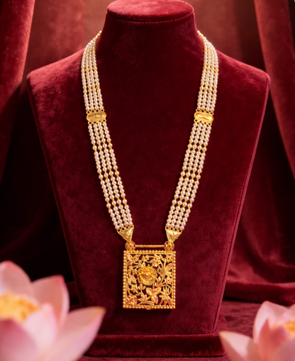 24K Gold-Plated - Multi-Layer Pearl Necklace Set with Matching Earrings & Floral Pendan