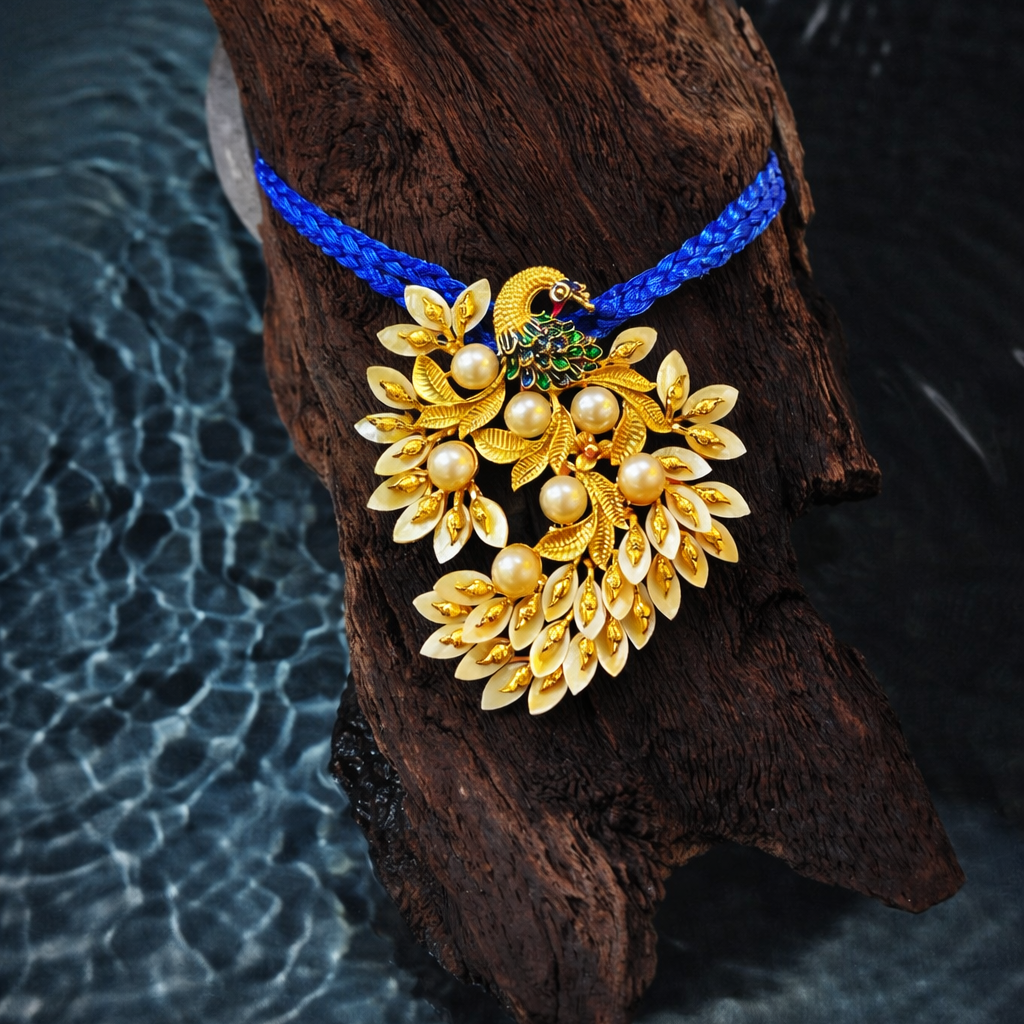 24K Gold-Plated - Handcrafted Peacock Design Shell Jewelry Set with Pearl Detailing
