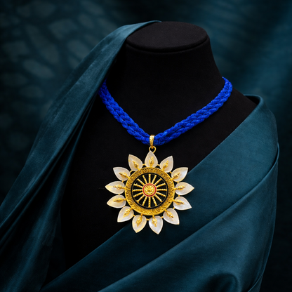 24K Gold-Plated - Elegant Sunflower Shell Pendant Necklace Set with Blue Thread & Earrings